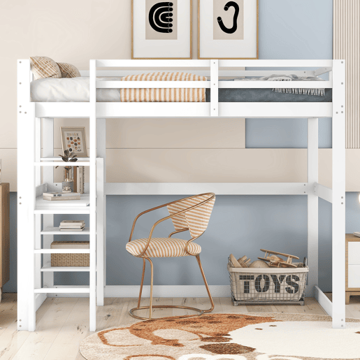 Cama alta infantil 140x200 cm - estrutura em pinho com arrumação, 4 prateleiras e secretária - branco