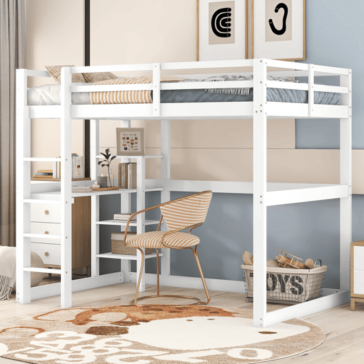 Cama alta infantil 140x200 cm - estrutura em pinho com arrumação, 4 prateleiras e secretária - branco