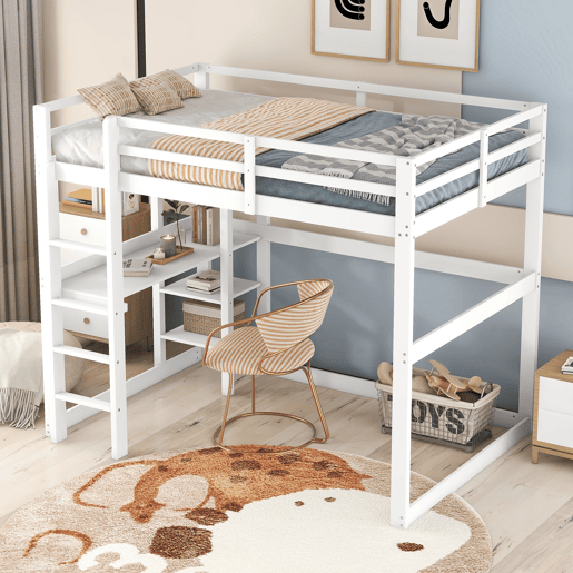 Cama alta infantil 140x200 cm - estrutura em pinho com arrumação, 4 prateleiras e secretária - branco