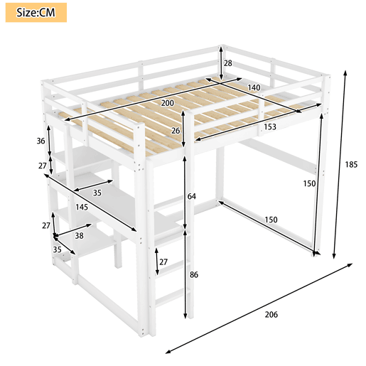 Cama alta infantil 140x200 cm - estrutura em pinho com arrumação, 4 prateleiras e secretária - branco
