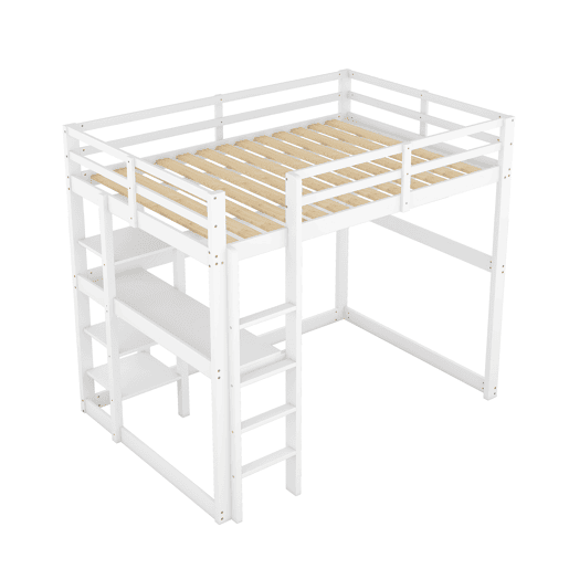 Cama alta infantil 140x200 cm - estrutura em pinho com arrumação, 4 prateleiras e secretária - branco