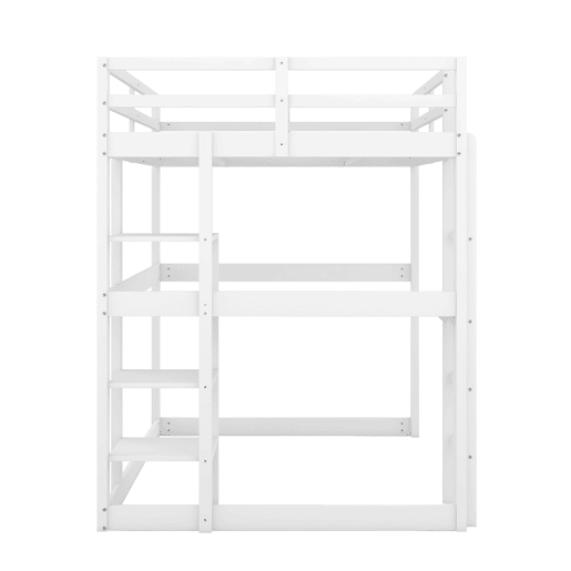 Cama alta infantil 140x200 cm - estrutura em pinho com arrumação, 4 prateleiras e secretária - branco