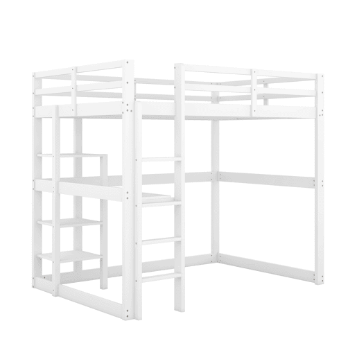 Cama alta infantil 140x200 cm - estrutura em pinho com arrumação, 4 prateleiras e secretária - branco