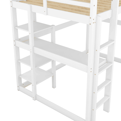 Cama alta infantil 140x200 cm - estrutura em pinho com arrumação, 4 prateleiras e secretária - branco