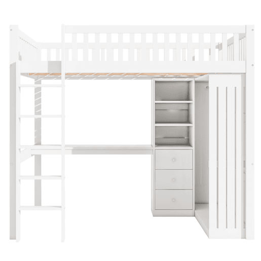 Cama alta de madeira 140x200 cm - com secretária e roupeiro - Branco