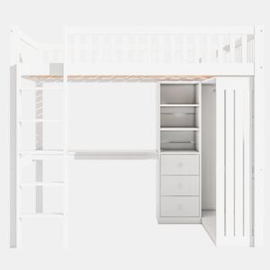 Cama alta de madeira 140x200 cm - com secretária e roupeiro - Branco