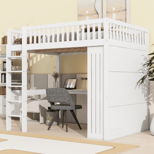 Cama alta de madeira 140x200 cm - com secretária e roupeiro - Branco