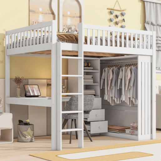 Cama alta de madeira 140x200 cm - com secretária e roupeiro - Branco