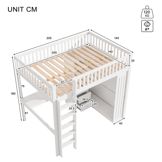 Cama alta de madeira 140x200 cm - com secretária e roupeiro - Branco
