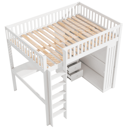 Cama alta de madeira 140x200 cm - com secretária e roupeiro - Branco