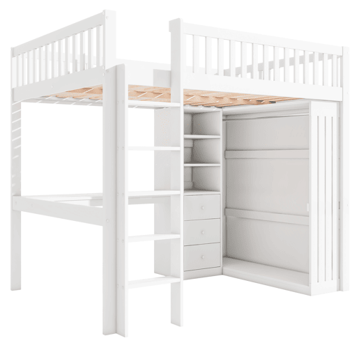 Cama alta de madeira 140x200 cm - com secretária e roupeiro - Branco