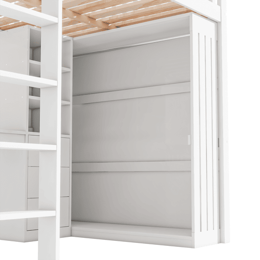 Cama alta de madeira 140x200 cm - com secretária e roupeiro - Branco