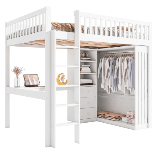 Cama alta de madeira 140x200 cm - com secretária e roupeiro - Branco