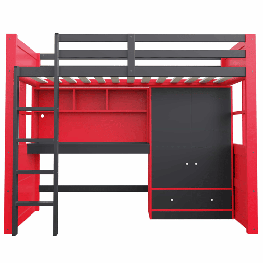 Cama alta juvenil 90 x 200 cm - com escada, secretária, espaço de arrumação, roupeiro e gavetas, estilo gaming, cama individual para crianças e jovens - vermelha e preta Cama alta juvenil 90 x 200 cm - com escada, secretária, espaço de arrumação, roupeiro e gavetas, estilo gaming, cama individual para crianças e jovens - vermelha e preta