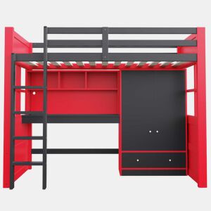 Cama alta juvenil 90 x 200 cm - com escada, secretária, espaço de arrumação, roupeiro e gavetas, estilo gaming, cama individual para crianças e jovens - vermelha e preta