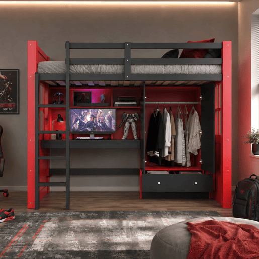 Cama alta juvenil 90 x 200 cm - com escada, secretária, espaço de arrumação, roupeiro e gavetas, estilo gaming, cama individual para crianças e jovens - vermelha e preta Cama alta juvenil 90 x 200 cm - com escada, secretária, espaço de arrumação, roupeiro e gavetas, estilo gaming, cama individual para crianças e jovens - vermelha e preta