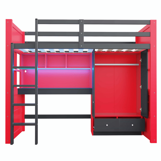 Cama alta juvenil 90 x 200 cm - com escada, secretária, espaço de arrumação, roupeiro e gavetas, estilo gaming, cama individual para crianças e jovens - vermelha e preta Cama alta juvenil 90 x 200 cm - com escada, secretária, espaço de arrumação, roupeiro e gavetas, estilo gaming, cama individual para crianças e jovens - vermelha e preta