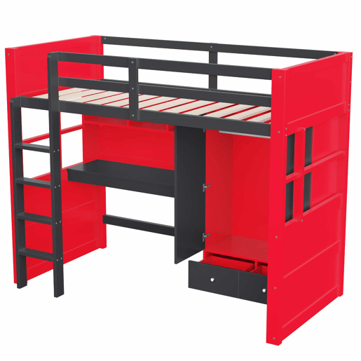 Cama alta juvenil 90 x 200 cm - com escada, secretária, espaço de arrumação, roupeiro e gavetas, estilo gaming, cama individual para crianças e jovens - vermelha e preta Cama alta juvenil 90 x 200 cm - com escada, secretária, espaço de arrumação, roupeiro e gavetas, estilo gaming, cama individual para crianças e jovens - vermelha e preta