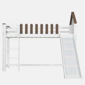 Cama alta 90x200 cm com escada e escorrega - em madeira de pinho e MDF - Branco e castanho