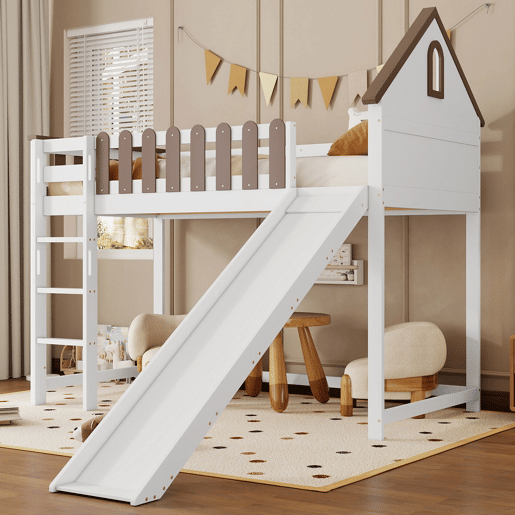 Cama alta 90x200 cm com escada e escorrega - em madeira de pinho e MDF - Branco e castanho Cama alta 90x200 cm com escada e escorrega - em madeira de pinho e MDF - Branco e castanho