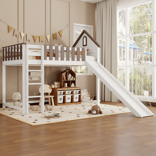 Cama alta 90x200 cm com escada e escorrega - em madeira de pinho e MDF - Branco e castanho Cama alta 90x200 cm com escada e escorrega - em madeira de pinho e MDF - Branco e castanho