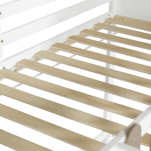 Cama alta 90x200 cm com escada e escorrega - em madeira de pinho e MDF - Branco e castanho Cama alta 90x200 cm com escada e escorrega - em madeira de pinho e MDF - Branco e castanho
