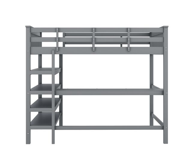Cama alta 140x200 - cama infantil con estantes y escritorio debajo - gris