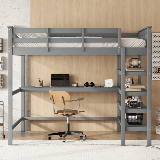 Cama alta 140x200 - Cama infantil com prateleiras e secretária por baixo - Cinza