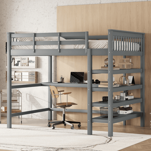 Cama alta 140x200 - Cama infantil com prateleiras e secretária por baixo - Cinza