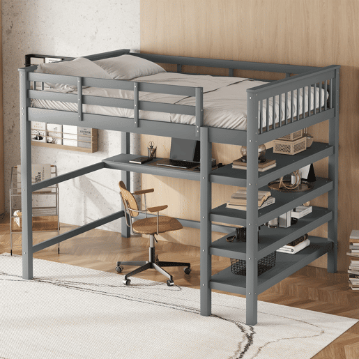 Cama alta 140x200 - Cama infantil com prateleiras e secretária por baixo - Cinza