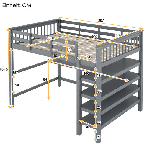 Cama alta 140x200 - Cama infantil com prateleiras e secretária por baixo - Cinza