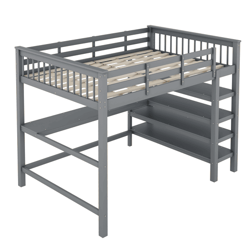 Cama alta 140x200 - Cama infantil com prateleiras e secretária por baixo - Cinza