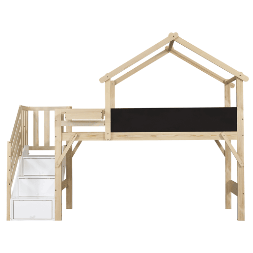 Cama mezzanine em madeira 90x200 cm - com ardósia e escada de arrumação - Natural Cama mezzanine em madeira 90x200 cm - com ardósia e escada de arrumação - Natural