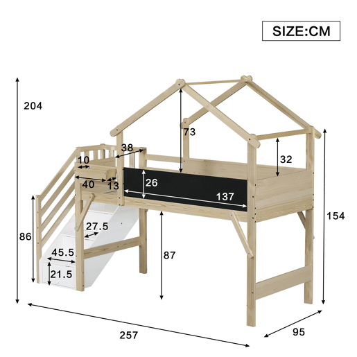 Cama mezzanine em madeira 90x200 cm - com ardósia e escada de arrumação - Natural Cama mezzanine em madeira 90x200 cm - com ardósia e escada de arrumação - Natural