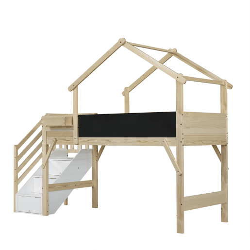 Cama mezzanine em madeira 90x200 cm - com ardósia e escada de arrumação - Natural Cama mezzanine em madeira 90x200 cm - com ardósia e escada de arrumação - Natural