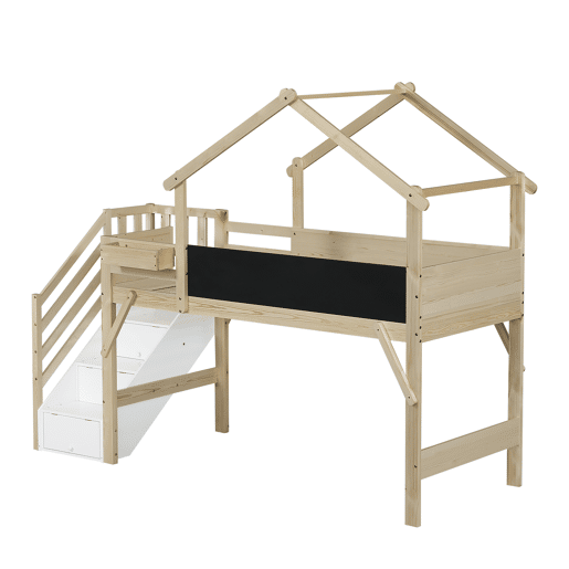 Cama mezzanine em madeira 90x200 cm - com ardósia e escada de arrumação - Natural Cama mezzanine em madeira 90x200 cm - com ardósia e escada de arrumação - Natural