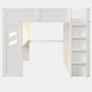 Cama alta 140x200 cm - Com secretária, LED, 1 USB, 1 Type-C, prateleira, sem colchão - Branco