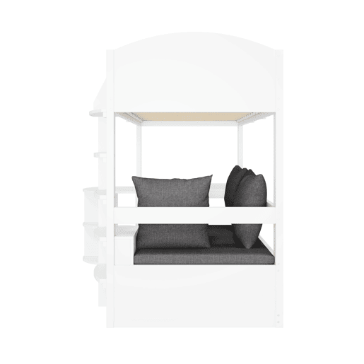 Cama alta infantil 90x200 - Multifuncional com escada, mesa removível, sofá com arrumação, prateleiras, almofadas - Branca