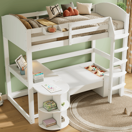 Cama alta infantil 90x200 - Multifuncional com escada, mesa removível, sofá com arrumação, prateleiras, almofadas - Branca