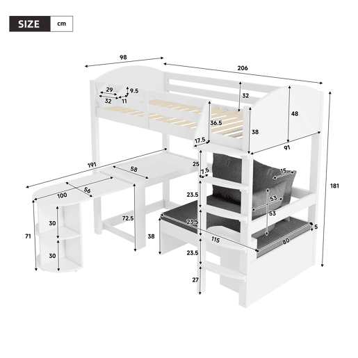 Cama alta infantil 90x200 - Multifuncional com escada, mesa removível, sofá com arrumação, prateleiras, almofadas - Branca