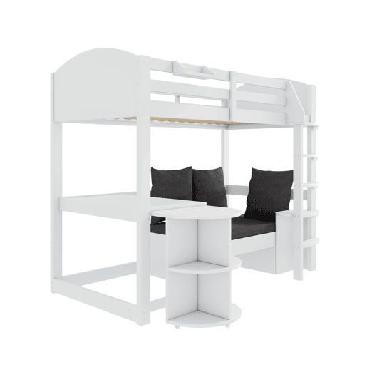 Cama alta infantil 90x200 - Multifuncional com escada, mesa removível, sofá com arrumação, prateleiras, almofadas - Branca