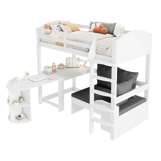 Cama alta infantil 90x200 - Multifuncional com escada, mesa removível, sofá com arrumação, prateleiras, almofadas - Branca