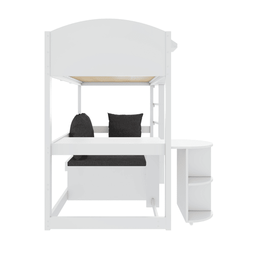 Cama alta infantil 90x200 - Multifuncional com escada, mesa removível, sofá com arrumação, prateleiras, almofadas - Branca