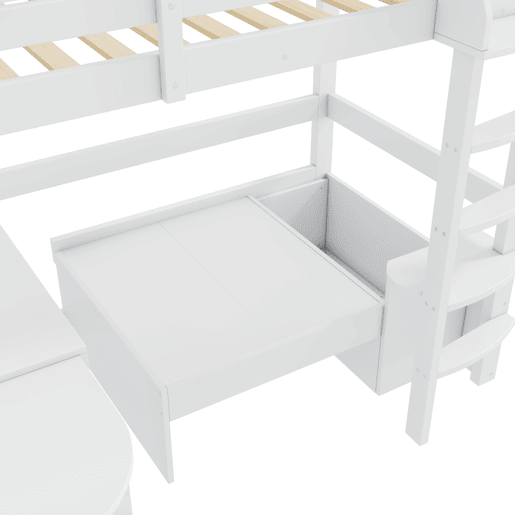 Cama alta infantil 90x200 - Multifuncional com escada, mesa removível, sofá com arrumação, prateleiras, almofadas - Branca