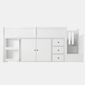 Cama alta infantil + 90*200 - multifuncional, secretária extensível, prateleira lateral, armário, gaveta, escada com armário - Branco
