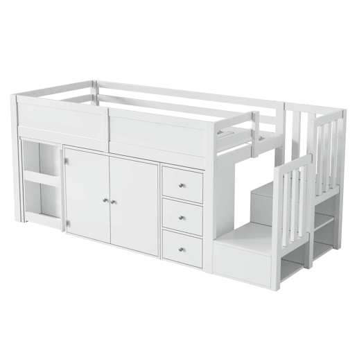 Cama alta infantil + 90*200 - multifuncional, secretária extensível, prateleira lateral, armário, gaveta, escada com armário - Branco Cama alta infantil + 90*200 - multifuncional, secretária extensível, prateleira lateral, armário, gaveta, escada com armário - Branco