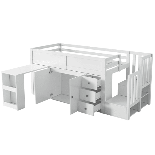 Cama alta infantil + 90*200 - multifuncional, secretária extensível, prateleira lateral, armário, gaveta, escada com armário - Branco Cama alta infantil + 90*200 - multifuncional, secretária extensível, prateleira lateral, armário, gaveta, escada com armário - Branco