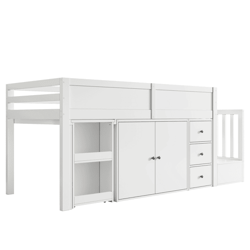 Cama alta infantil + 90*200 - multifuncional, secretária extensível, prateleira lateral, armário, gaveta, escada com armário - Branco Cama alta infantil + 90*200 - multifuncional, secretária extensível, prateleira lateral, armário, gaveta, escada com armário - Branco