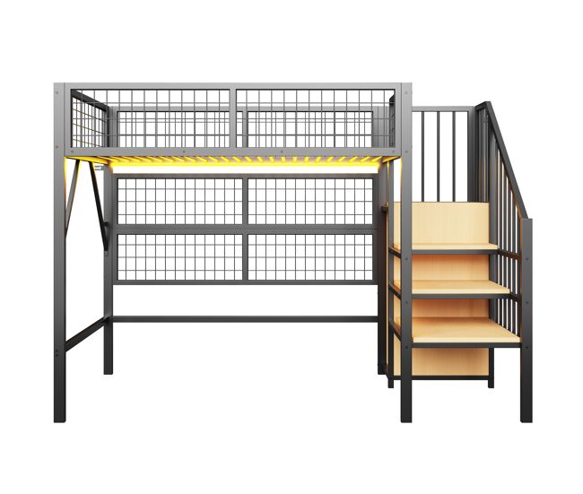 Cama alta metálica 90*200 - con luces led controladas por app, escalera con almacenamiento, armario abierto - negro