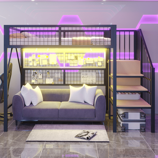 Cama alta metálica 90*200 - Com luzes LED controladas por APP, escada com arrumação, armário aberto - Preto Cama alta metálica 90*200 - Com luzes LED controladas por APP, escada com arrumação, armário aberto - Preto